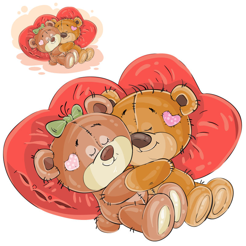 一对棕色泰迪熊躺在红色心形枕头上拥抱的矢量图