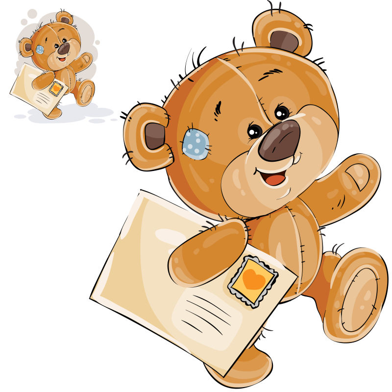 一只棕色泰迪熊的矢量图案爪中夹着一封信