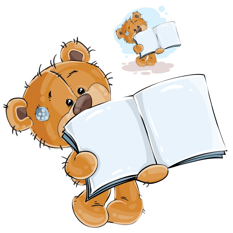 图为一只棕色泰迪熊展示一页打开的书一本笔记本