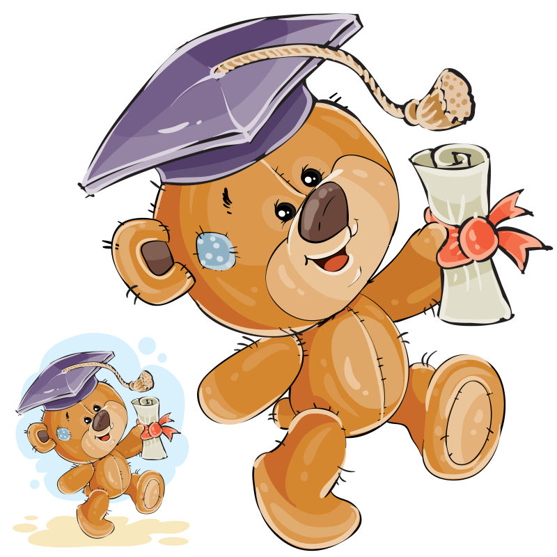 图为一只戴着毕业帽的棕色泰迪熊手里拿着一张大学文凭