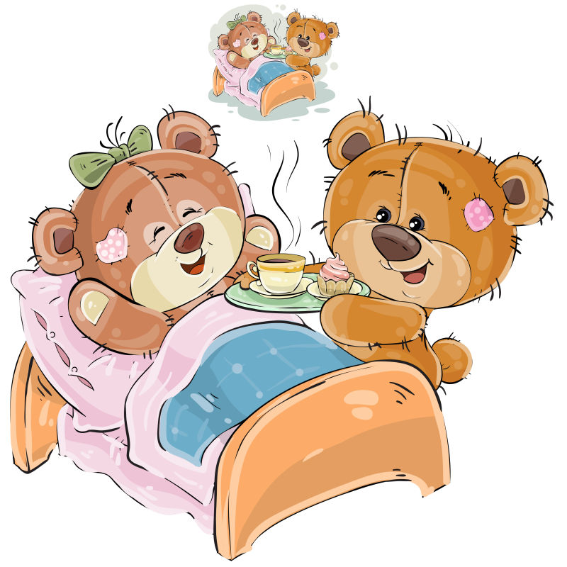 图为一只可爱的棕色泰迪熊带着一个托盘和早餐他的女朋友躺在床上