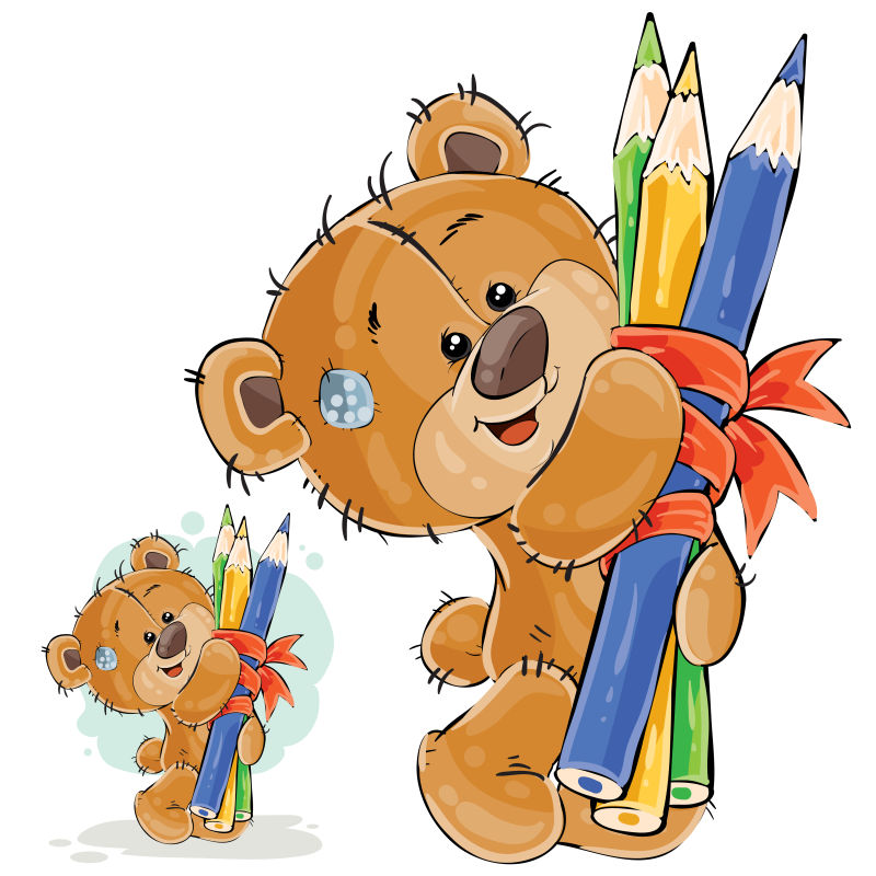图为一只棕色泰迪熊用爪子抓着一束铅笔