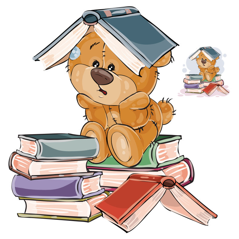 一个棕色泰迪熊厌倦了学习把一本打开的书放在头上的矢量插图