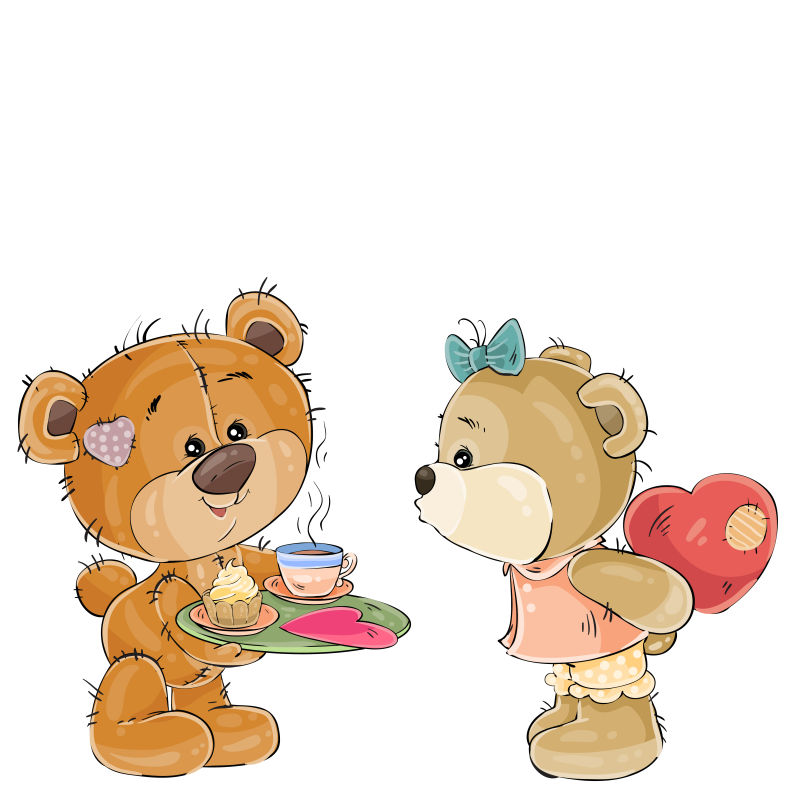 图为一只可爱的棕色泰迪熊它拿着一个托盘和一份情人节礼物给女朋友