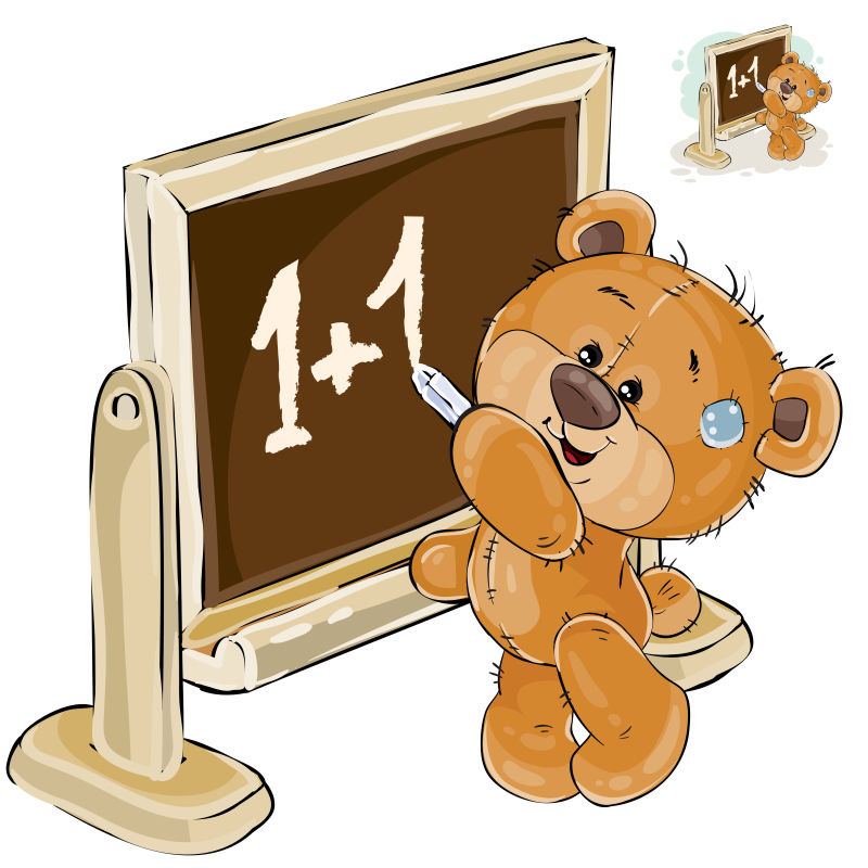 一只棕色的泰迪熊站在黑板旁边用粉笔在黑板上写字