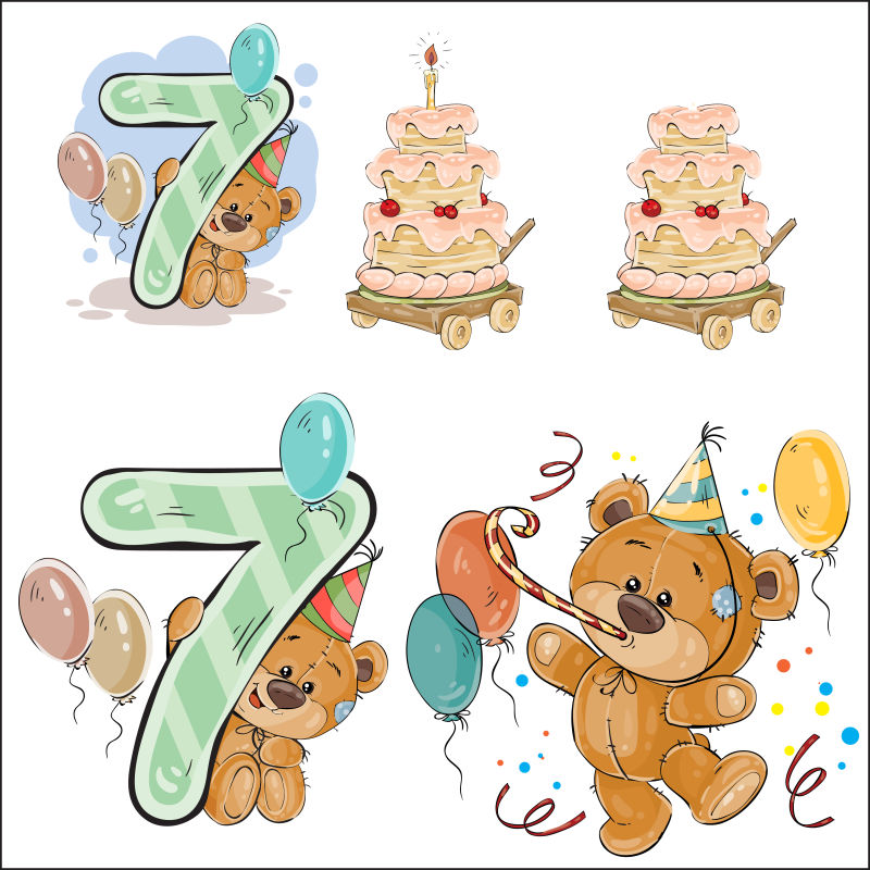 抽象矢量过七岁生日的泰迪熊插图设计