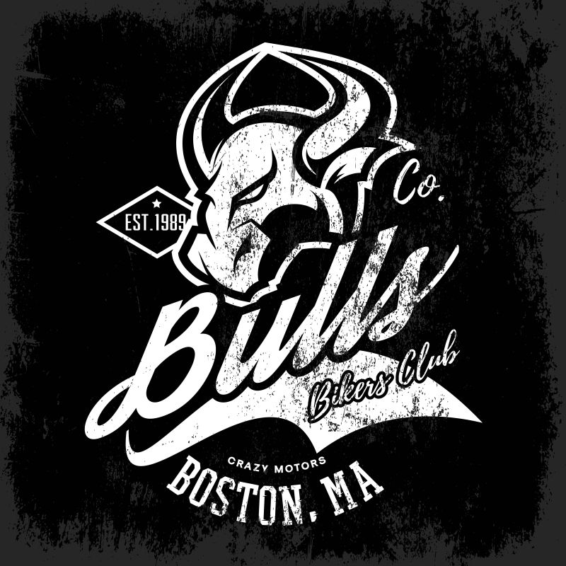 复古的美国暴怒公牛骑手俱乐部T恤印花矢量设计-马萨诸塞州-波士顿街穿T恤徽章-优质野生动物优质标志概念插图