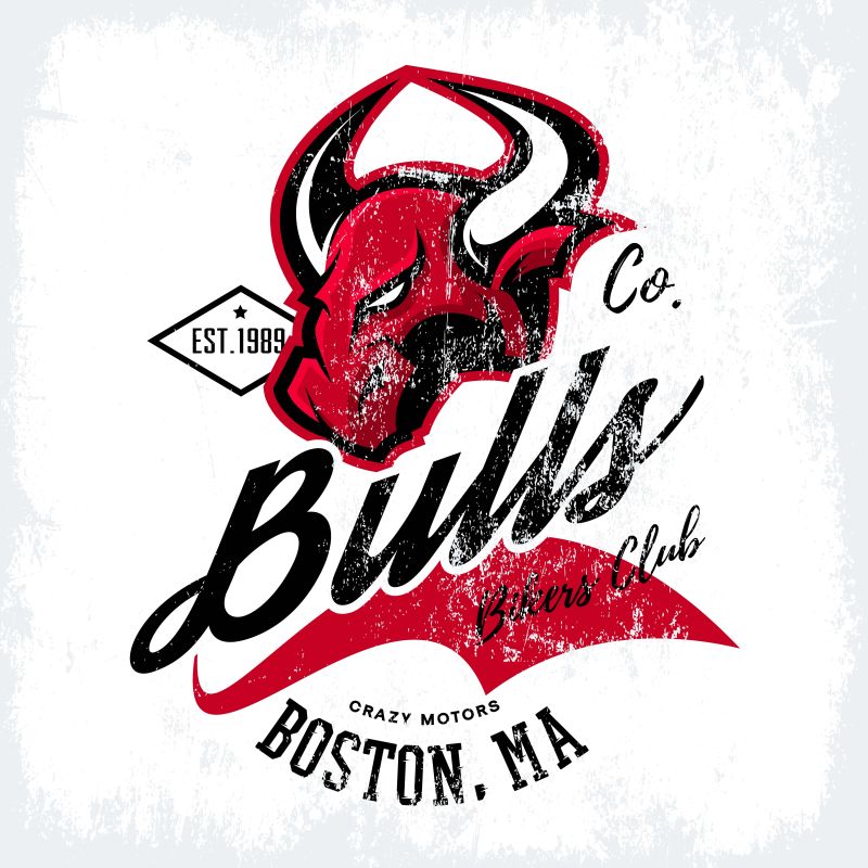 复古的美国暴怒公牛骑手俱乐部T恤印花矢量设计-马萨诸塞州-波士顿街穿T恤徽章-优质野生动物优质标志概念插图
