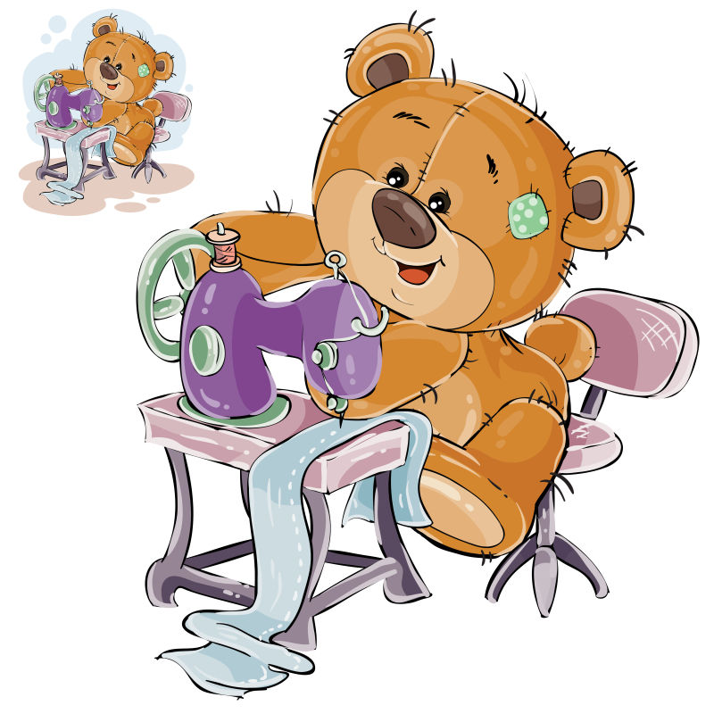 矢量缝纫衣服的泰迪熊插图设计