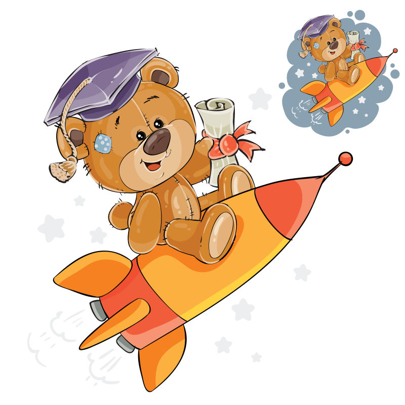 抽象矢量坐火箭的泰迪熊插图设计