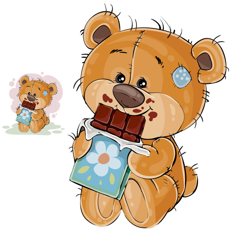 抽象矢量现代吃巧克力的泰迪熊插图设计