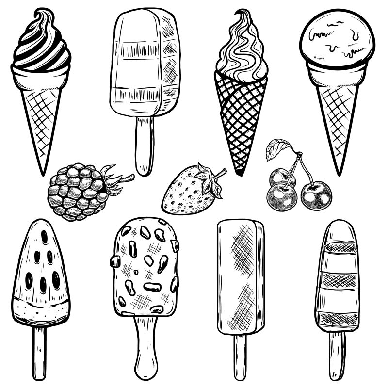 创意矢量现代素描风格的冰淇淋插图设计
