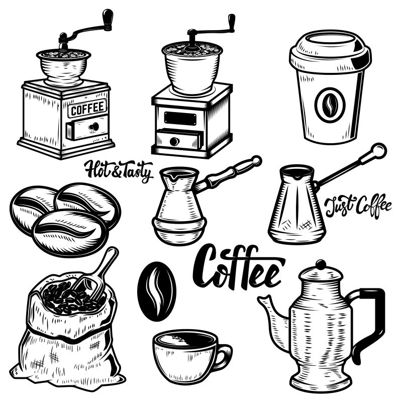 抽象矢量现代咖啡主题的素描图标设计