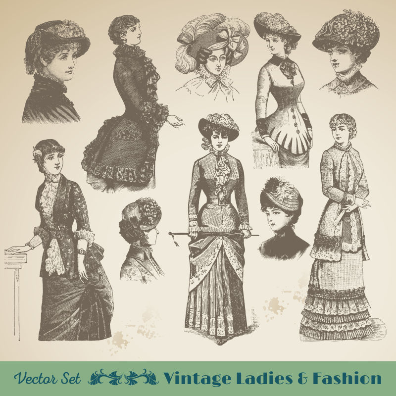 向量集：女士古董时尚和配件适合：品牌卡片海报传单网站商业商店和插图工作