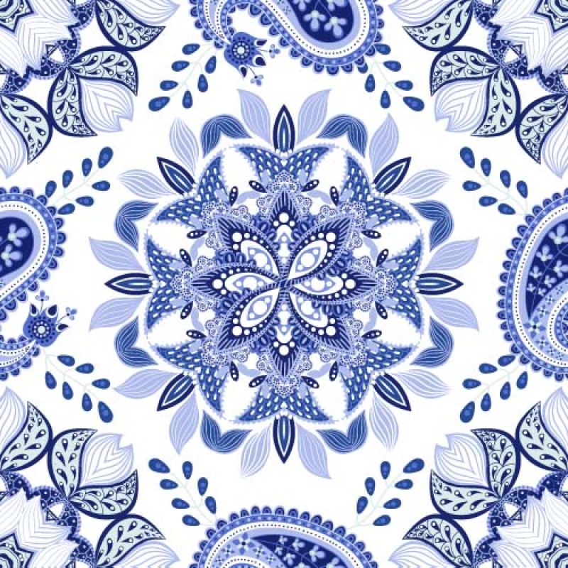 矢量印度模式-浅印度蜡染-在白色背景上画蓝色风格的花和佩斯利-佩斯利花卉壁纸-织物纺织品封面包装纸网的设计