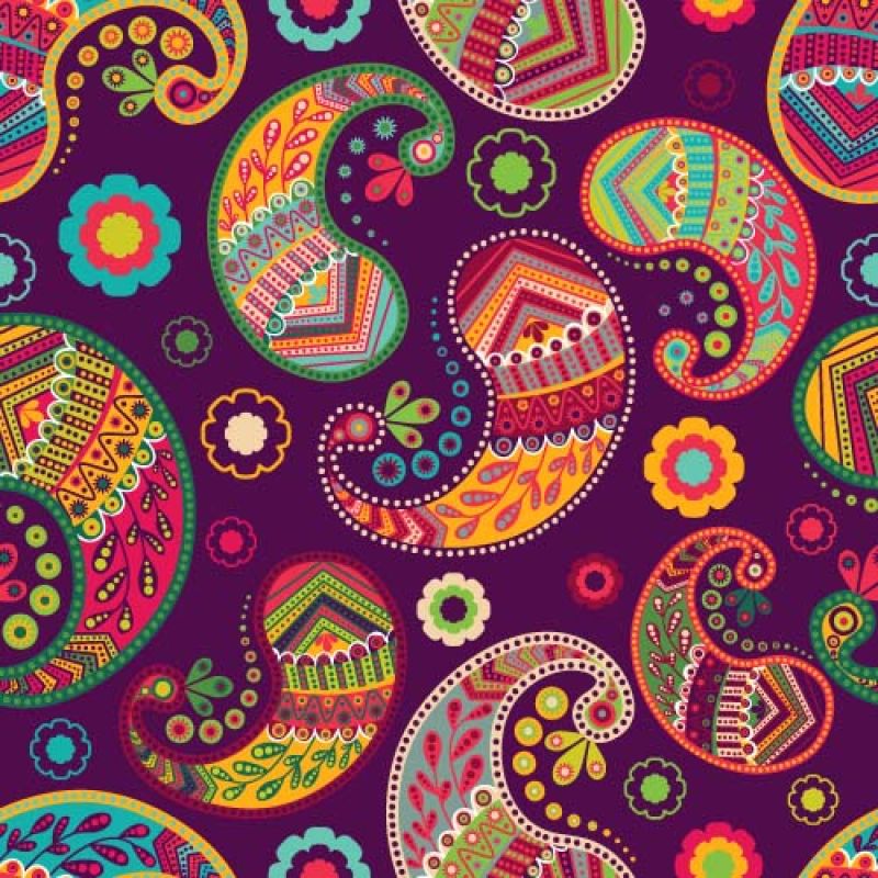 印度佩斯利图案-彩色矢量印尼蜡染-佩斯利风格化花卉壁纸-织物纺织品窗帘封面包装纸礼品纸家居装饰设计