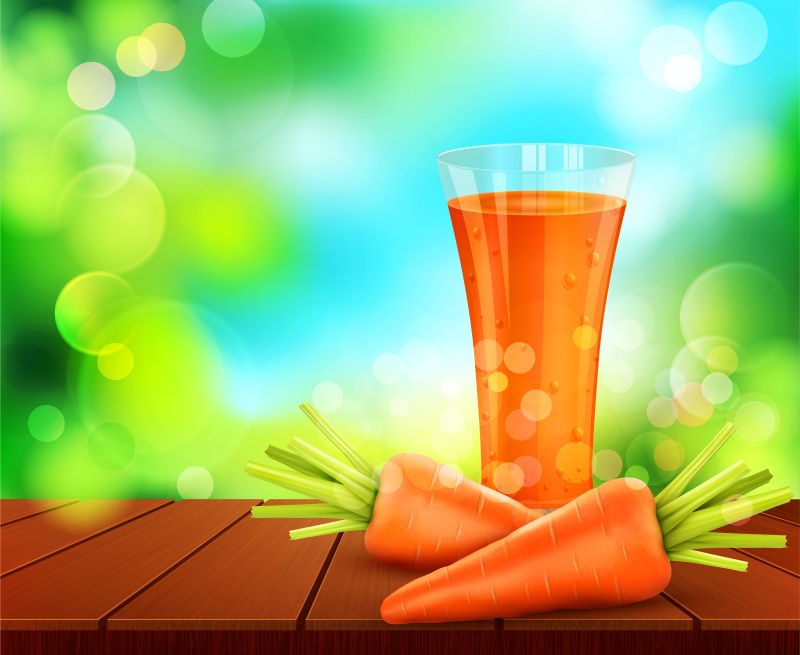矢量-一杯胡萝卜汁-胡萝卜站在木桌上-背景是天空和绿叶