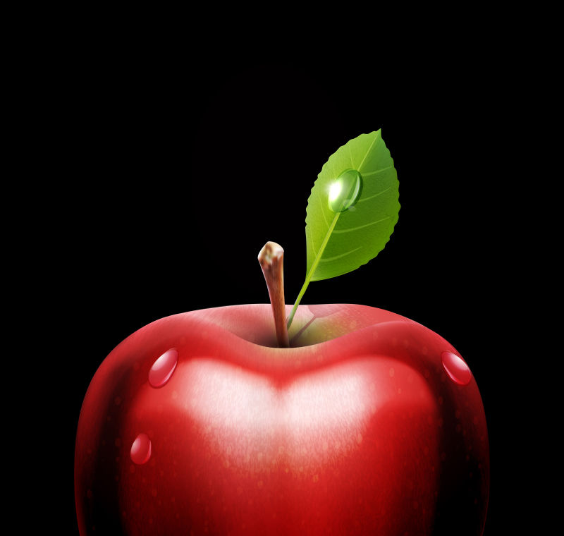 红苹果-特写-黑色背景上有水滴