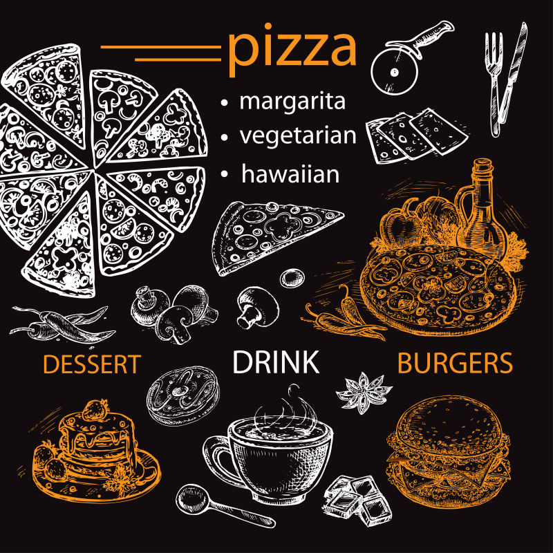 抽象矢量现代手绘披萨元素菜单设计