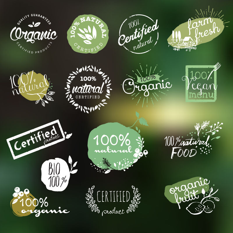 以自然为背景收集有机食品饮料天然产品餐饮保健食品市场和生产用手绘标签和元素矢量插图