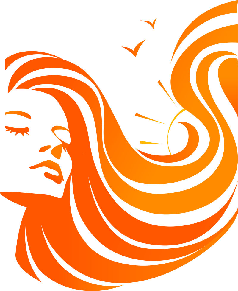 美丽的小女孩-太阳在长波浪橙色头发-抽象的女人和大海-光栅版本