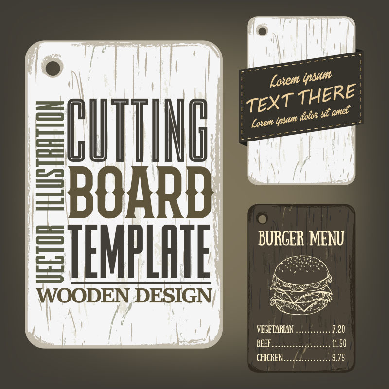 木质切割板模板及其使用实例矢量插图与矩形纹理板用作样机的标签标志卡海报广告栏或比萨饼菜单