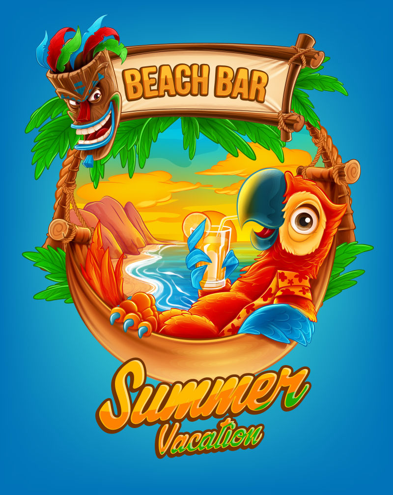 带鹦鹉的沙滩酒吧暑假插画