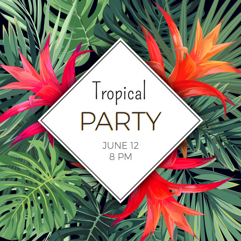 夏季沙滩派对可定制矢量花卉设计模板热带飞行物有绿色的异国植物和红色的花