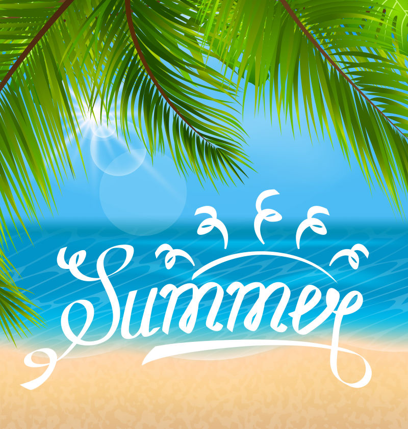 用棕榈叶和海滩来说明异国情调的背景-字体文本-暑假海报模板
