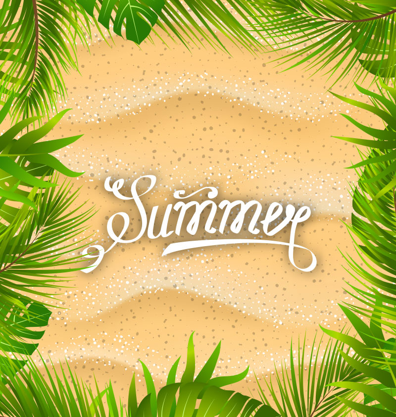 带有沙质纹理和外来叶植物的插图自然框架-夏季文本