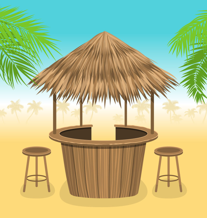 海滩酒吧茅草的插图-带休闲咖啡厅的室外背景-夏季时间-假期