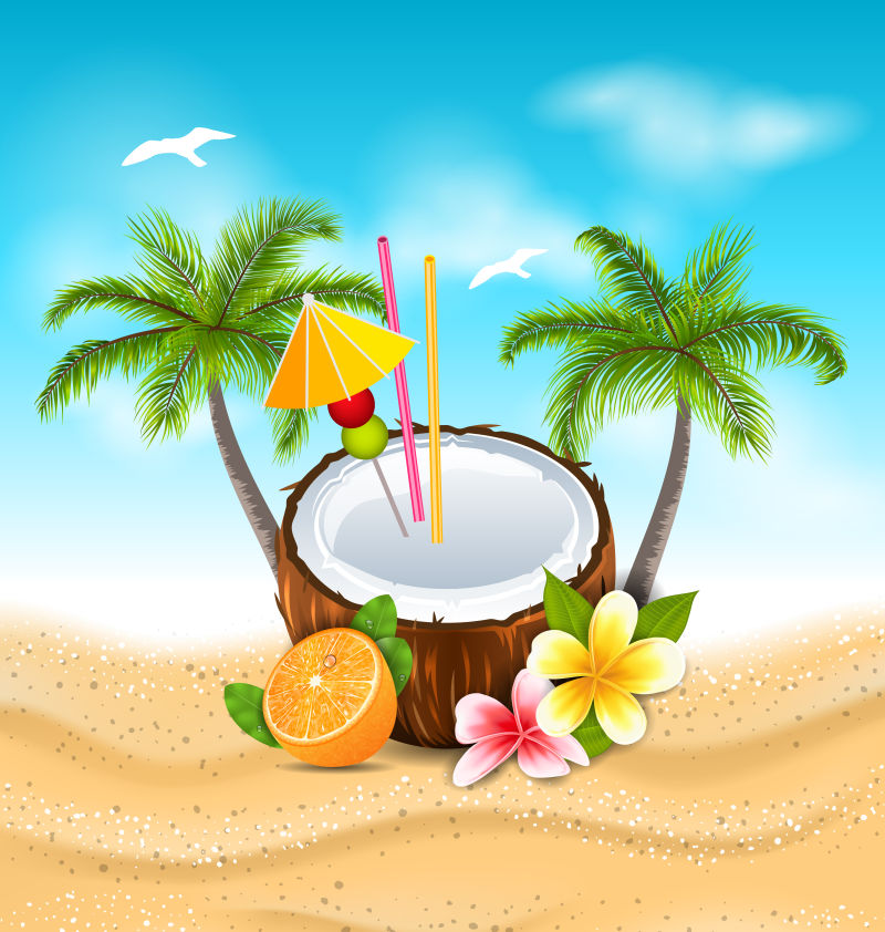 说明异国情调椰子鸡尾酒与鸡蛋花-橙色和棕榈树-夏季海滩背景