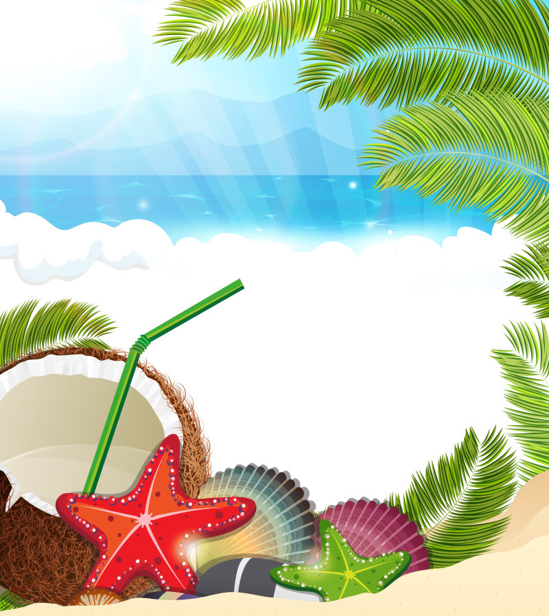 热带背景与棕榈树和椰子鸡尾酒