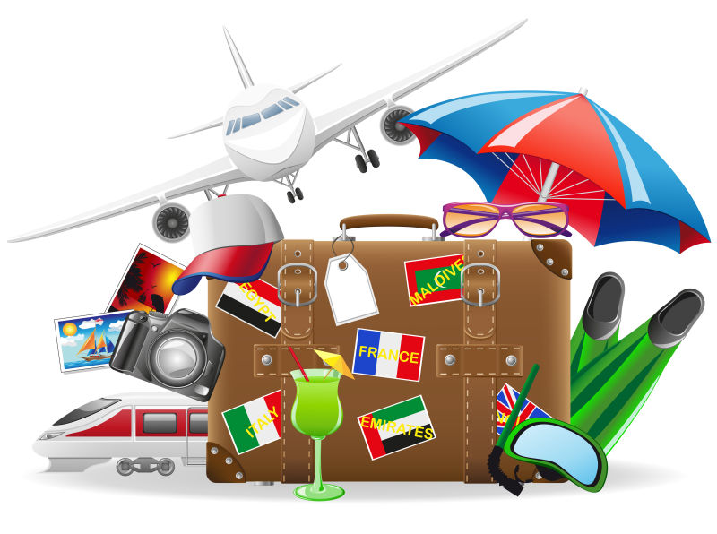 白色背景中隔离的旅行用旧行李箱和夏季娱乐媒介插图元素
