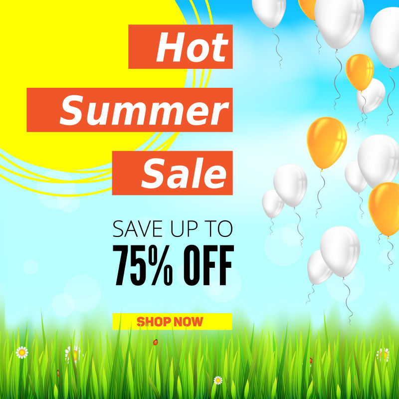 夏季出售带有充气彩色气球的广告横幅75%的折扣销售背景黄太阳绿地白云和蓝天购物广告的模板