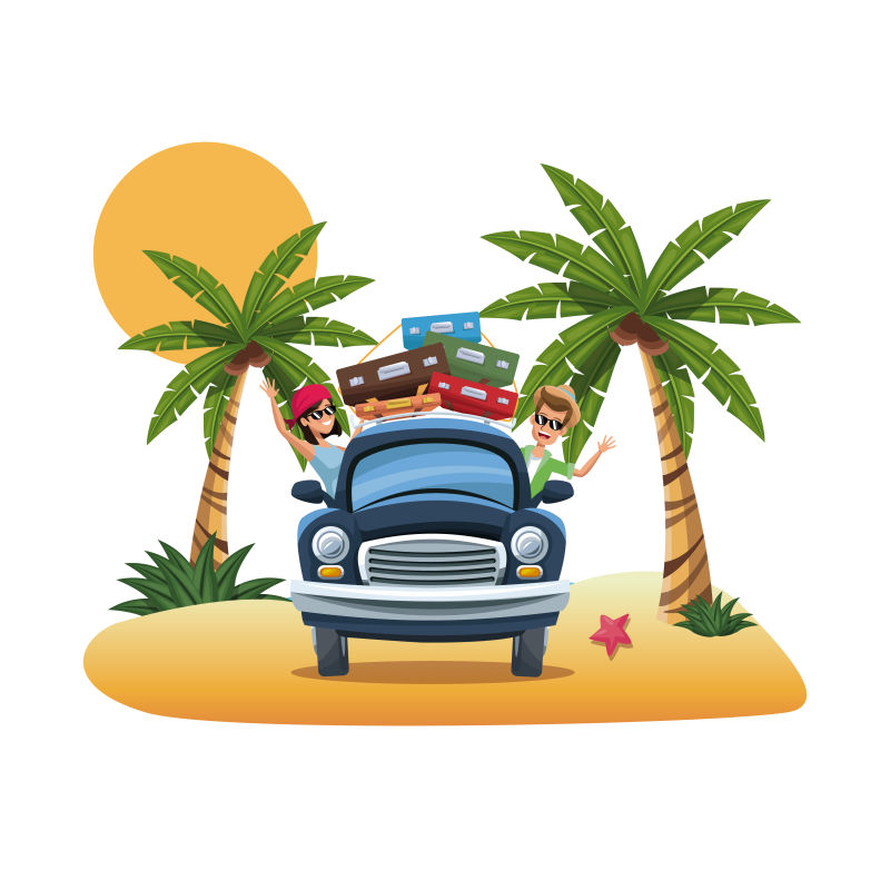 一对卡通夫妇快乐的黑色汽车停在热带海滩上