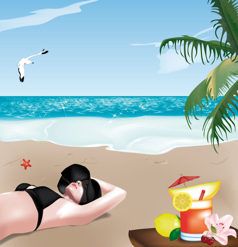 抽象矢量现代沙滩度假的美女插图设计