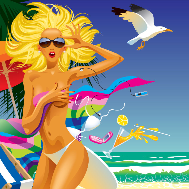 抽象矢量现代海滩度假的性感美女插图设计