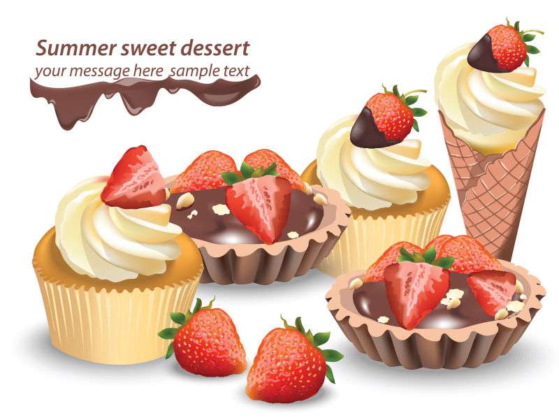 美味的甜点和水果甜点巧克力馅饼和香草蛋糕夏日糖果面包店招待向量插图