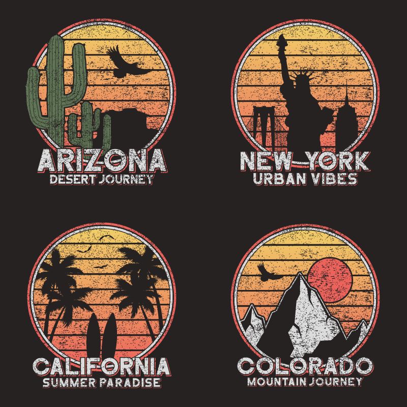 美国标语T恤设计套装-亚利桑那州-纽约州-科罗拉多州和加利福尼亚州的grunge T恤印刷图案-矢量