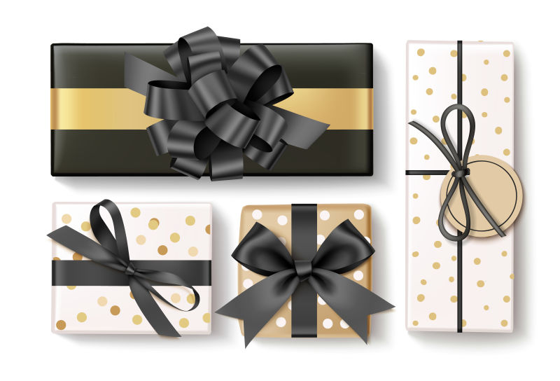 黑色蝴蝶结装饰礼品盒黑色星期五销售设计白色独立矢量新年集俯视图