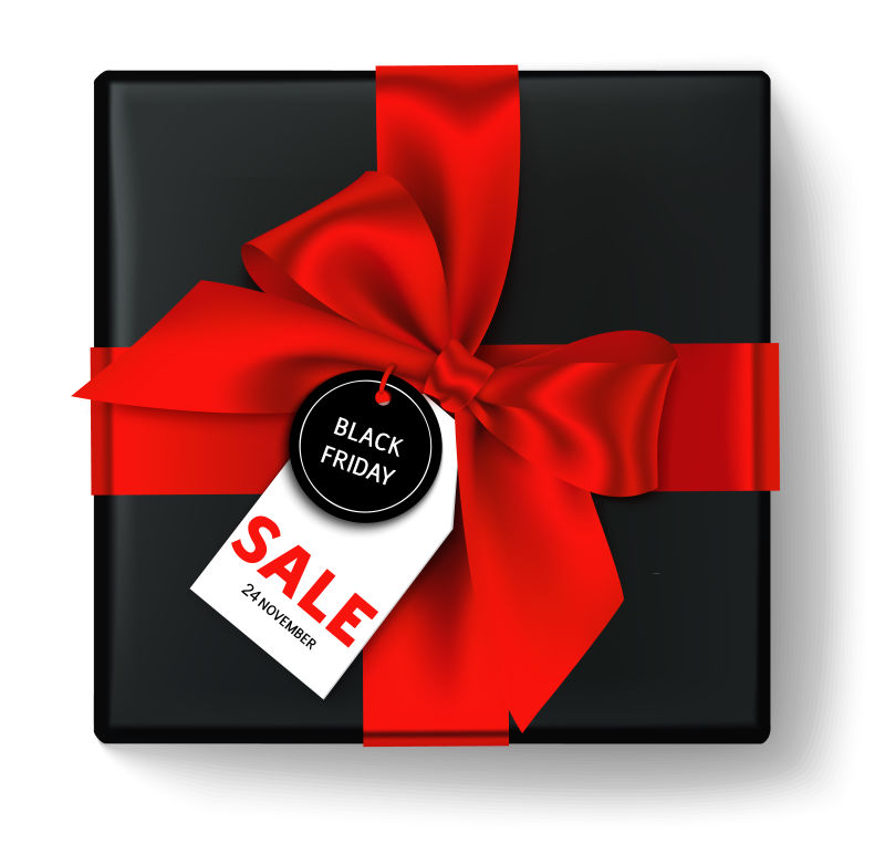 黑色星期五礼品盒-带有红色蝴蝶结丝带和带有销售文本的折扣标签-节日装饰-矢量对象隔离在白色上