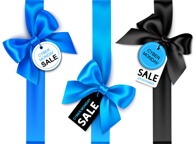 一套装饰性的垂直蓝色丝带-带蝴蝶结和价格标签-用于网络星期一销售设计-矢量假日装饰和标签隔离在白色背景上