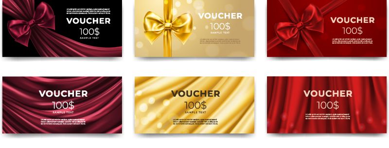 金色礼券或红色礼品卡-金色礼券优惠-一套单独的模板-用于带丝带和蝴蝶结的赠券-商店邀请促销或传单优惠-生日礼物-优质标签