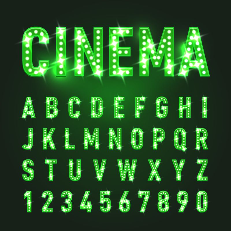 光栅版本-灯泡灯霓虹灯字母ABC插图-绿色照明-适合复古标志板海报横幅传单设计