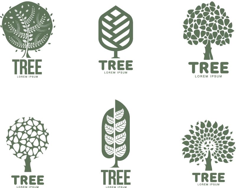 一套风格化的抽象图形树标识模板-矢量图隔离在白色背景上-收集创意树标识模板环境自然生长发展理念