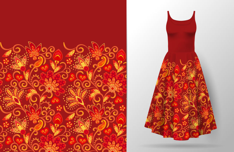 无缝垂直奇幻花边图案在服装模型上手工绘制花卉背景矢量传统的东方图案用于纺织品壁纸装饰红色的黄玫瑰