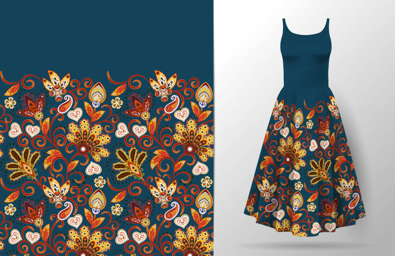 带有东方手绘装饰的花卉无缝图案亚洲纺织风格的矢量插图女装模型深蓝色背景上的亮橙色红色