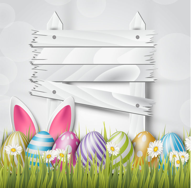 复活节背景逼真的3D彩色彩蛋木质白色标志和雏菊花矢量图