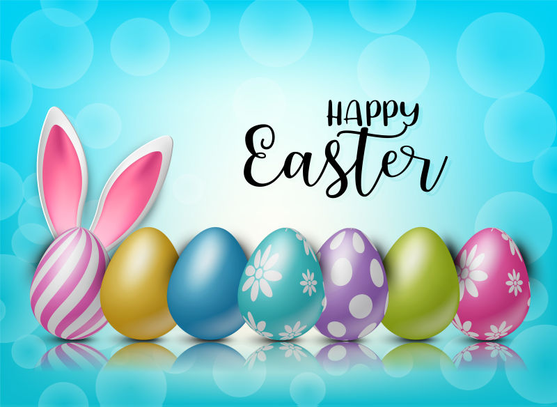 快乐的复活节背景与绘画的3D现实鸡蛋和兔子耳朵后面的蓝色背景与博基矢量图